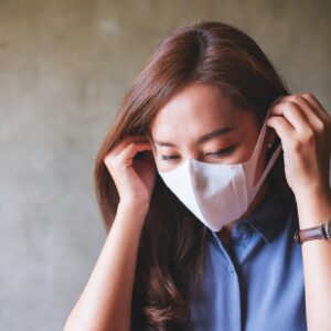 An asian woman putting on protective face mask for Healthcare and Covid-19 concept