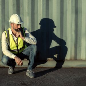 Engineer or worker sit close to cargo container look like tired and serious