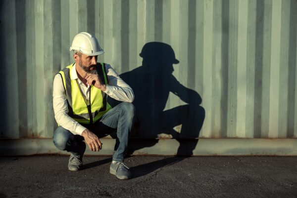 Engineer or worker sit close to cargo container look like tired and serious